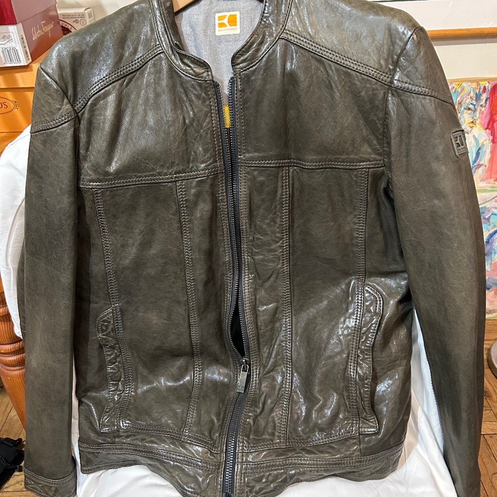 Men's Olive Hugo Boss Orange Leather Jacket